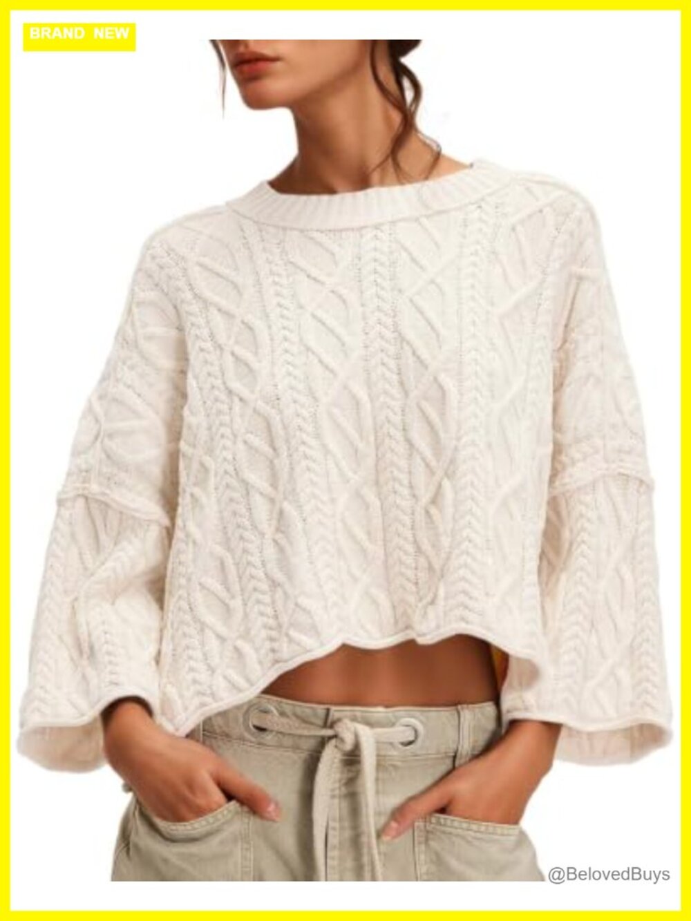 Cable Knit Cropped Sweater Oversized Crew Neck Pullover Fall Winter